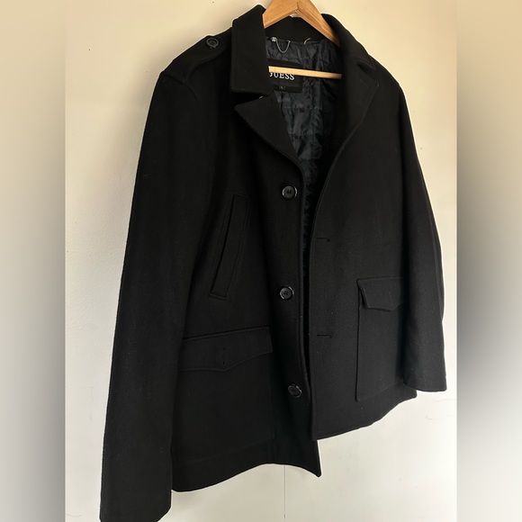 Men's Guess Wool Blend Black Felted Peacoat Jacket Coat Pockets Sz L - Picture 7 of 9